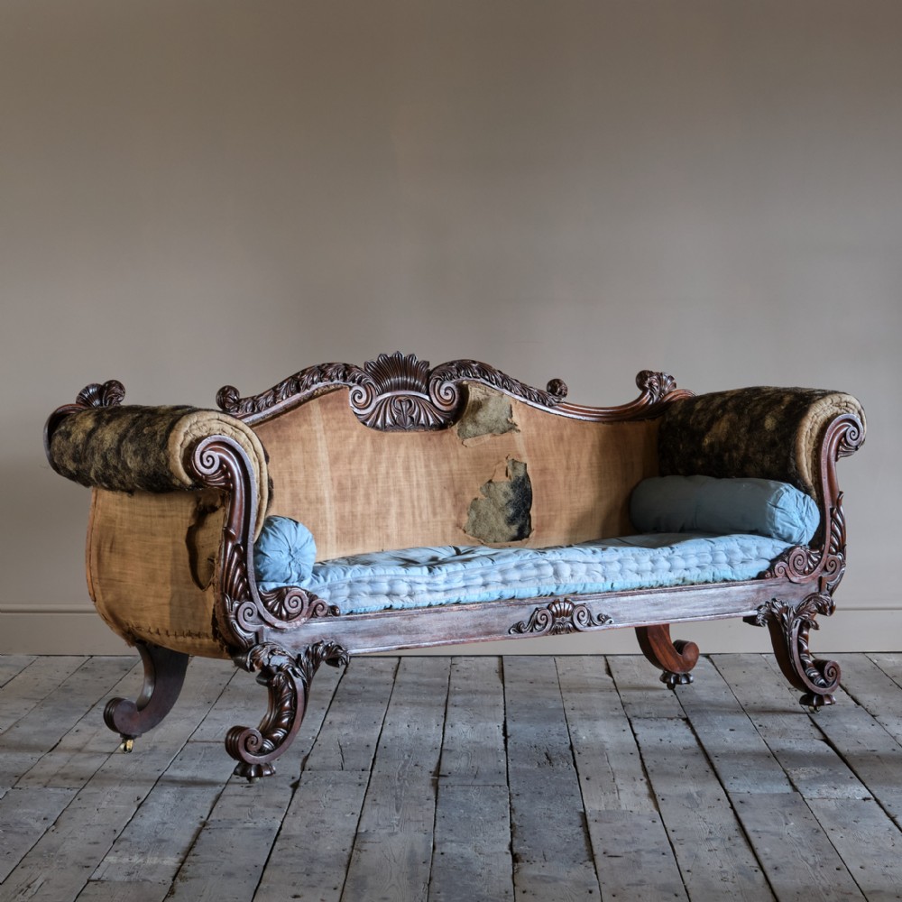 An antique Regency rosewood sofa featuring carved scroll arms, shell cresting on the backrail, and carved legs on brass castors.