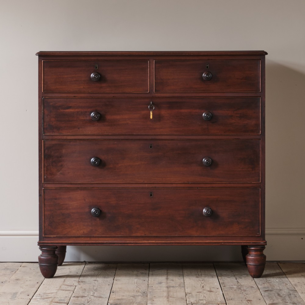 A 19th-century dark mahogany chest of drawers featuring two short drawers above three full-width drawers with turned handles and feet.