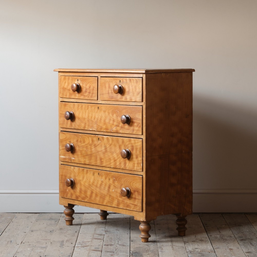 A Victorian 19th-century pine chest of drawers with a scumble painted finish, featuring two short over three long drawers with turned wooden knobs. View III