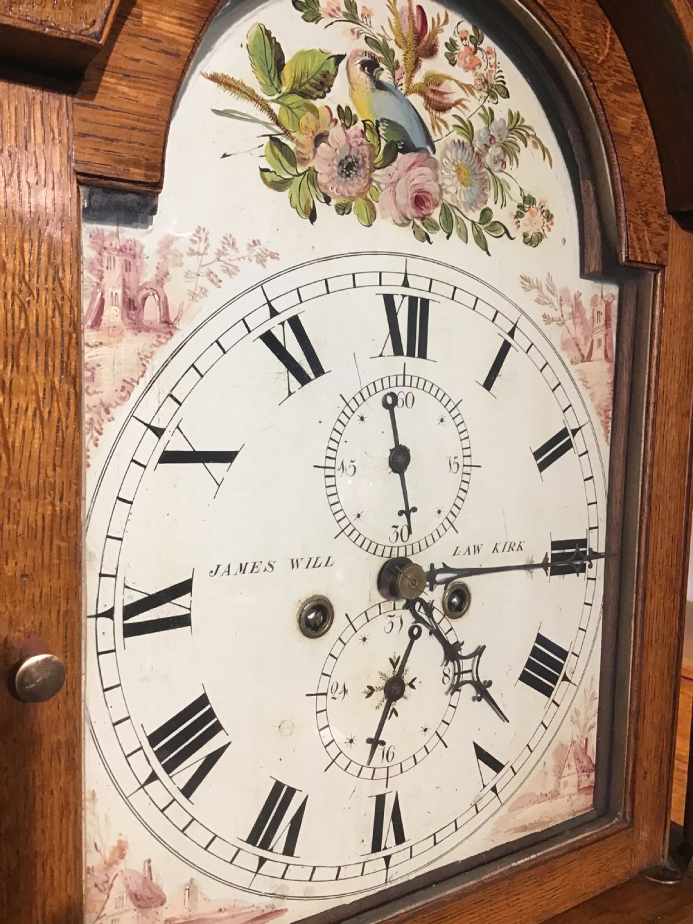 An antique oak longcase clock featuring a painted dial with Roman numerals, a swan-neck pediment with a brass finial, and a wooden trunk with an arched door. View VIII