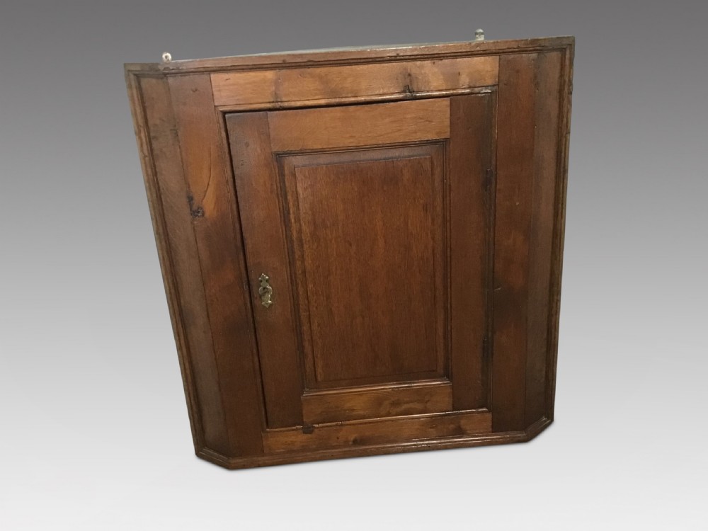 An antique warm brown oak hanging corner cabinet featuring a single fielded panel door and a brass escutcheon.