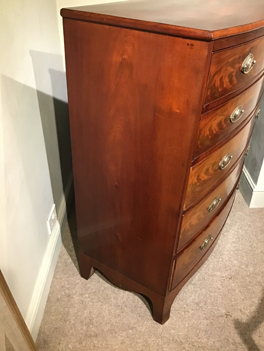Antique mahogany bow front chest of drawers View IX