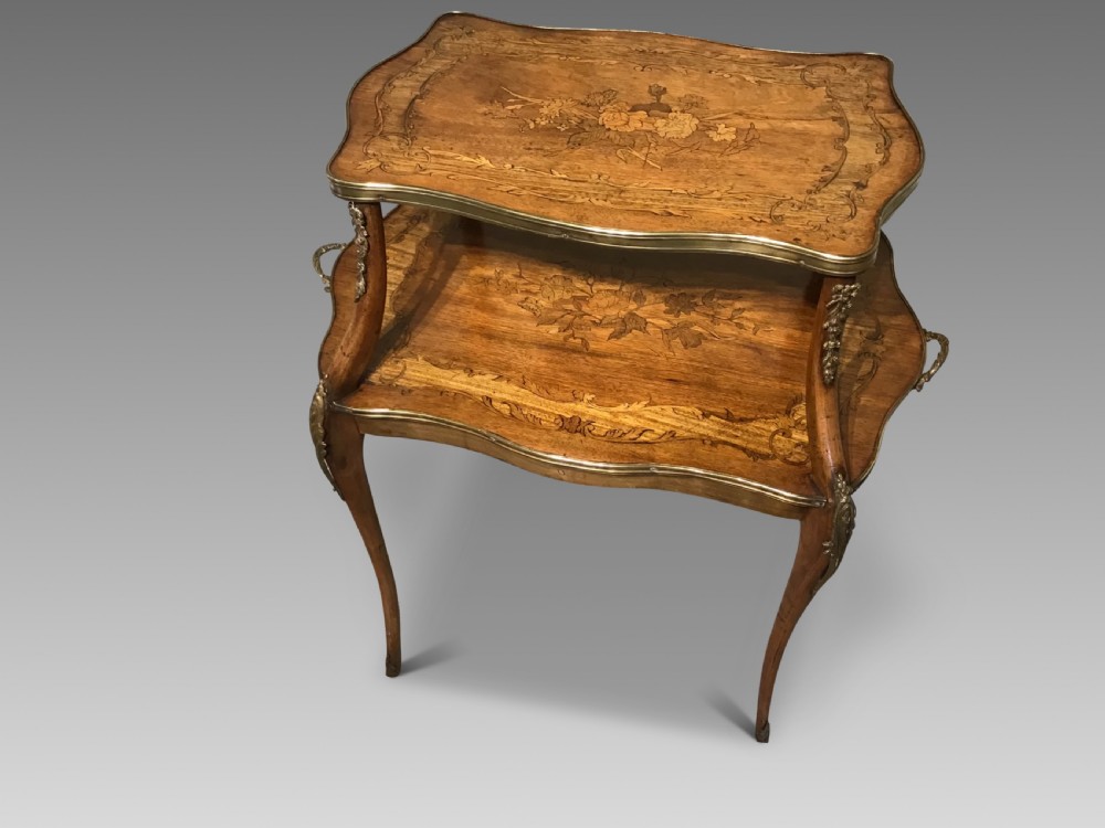 A two-tiered French etagere table featuring floral marquetry inlay, decorative brass mounts, and slender cabriole legs. View II