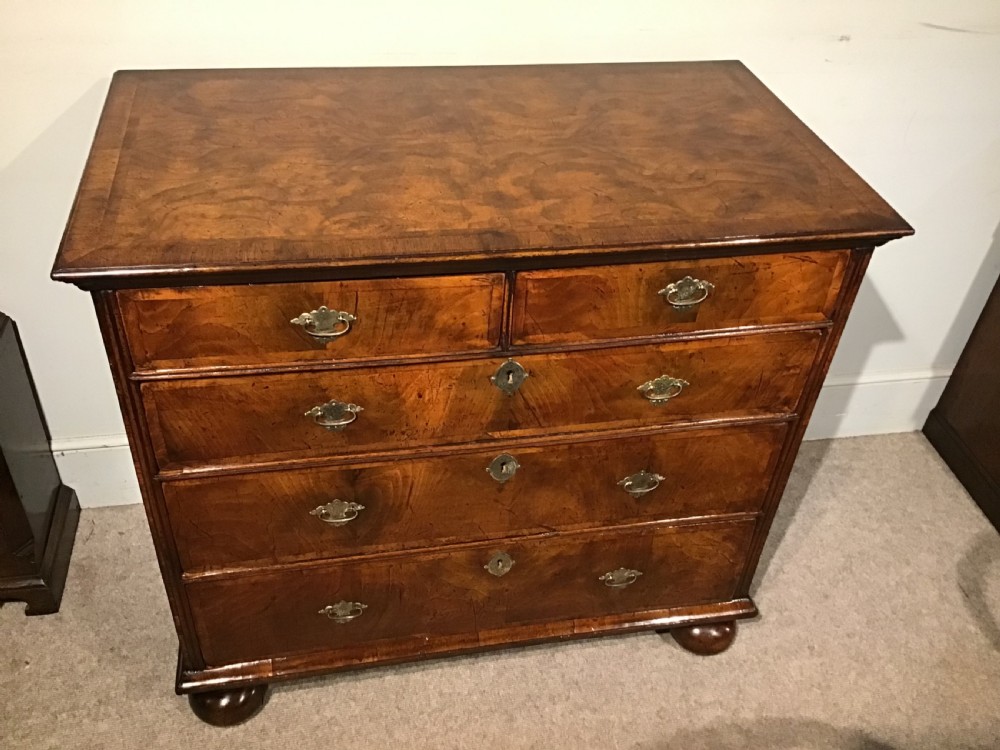 An antique burr walnut chest of drawers with two short over three long drawers, brass handles, and bun feet. View II