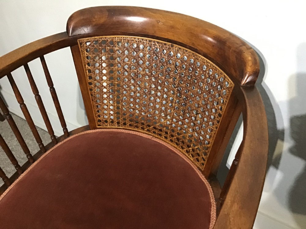 An antique mahogany tub chair featuring a woven cane back panel, turned side spindles, barley twist legs, and a dark brown upholstered seat. View III