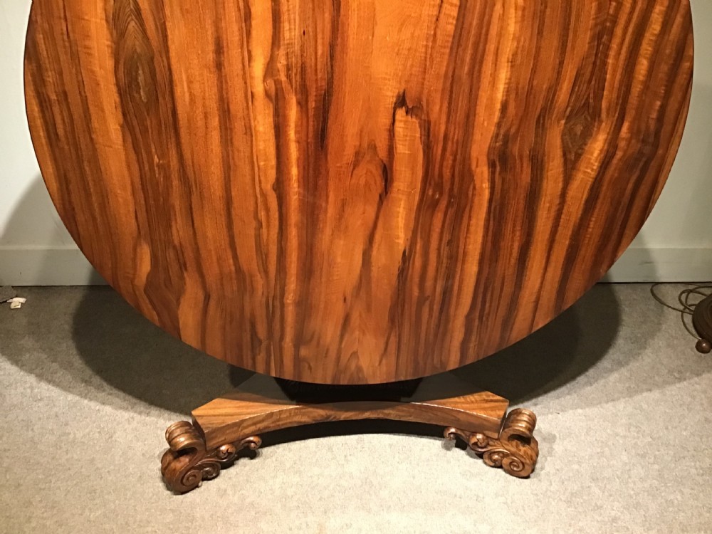 A circular William IV Goncalo Alves tilt-top centre table tilted vertically to show the figured timber grain above a triform base with carved scroll feet. View XII