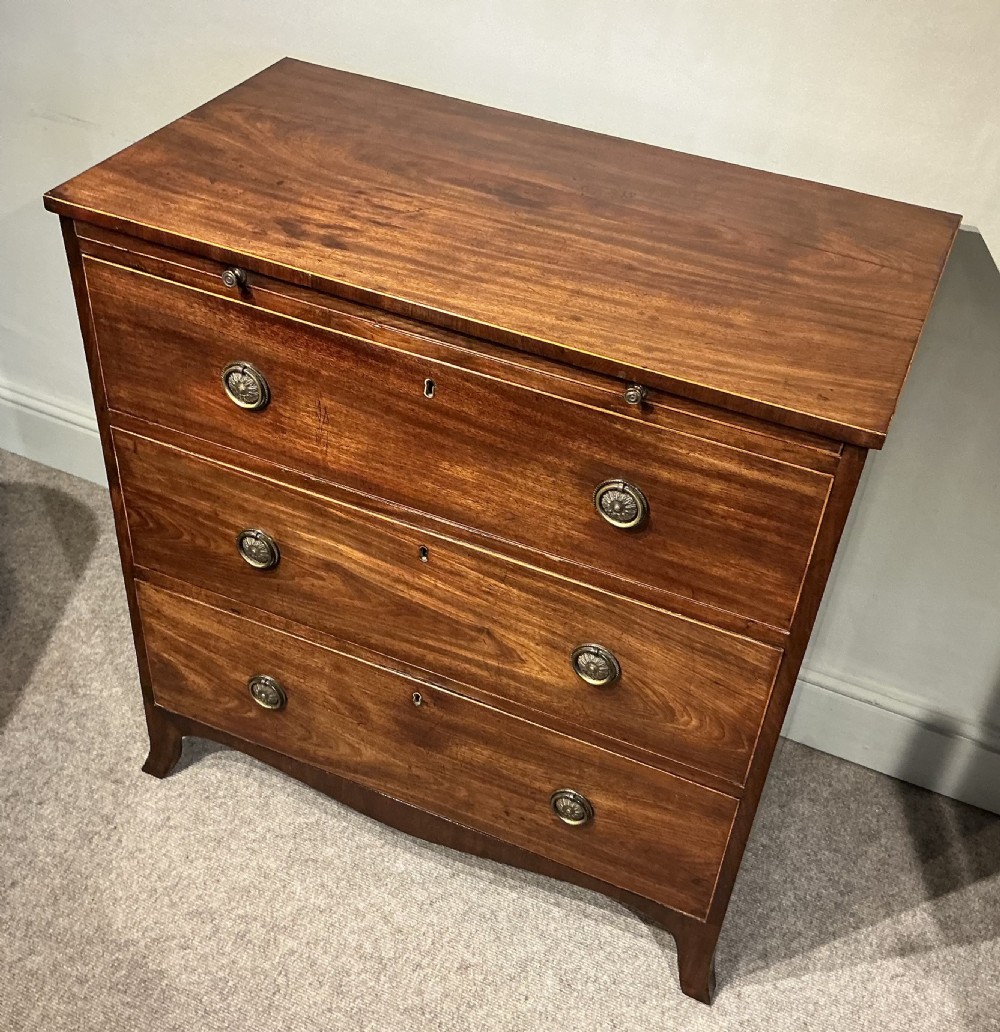 A Georgian mahogany chest of drawers featuring three graduated drawers, a pull-out brushing slide, brass rosette handles, and splayed bracket feet. View IV