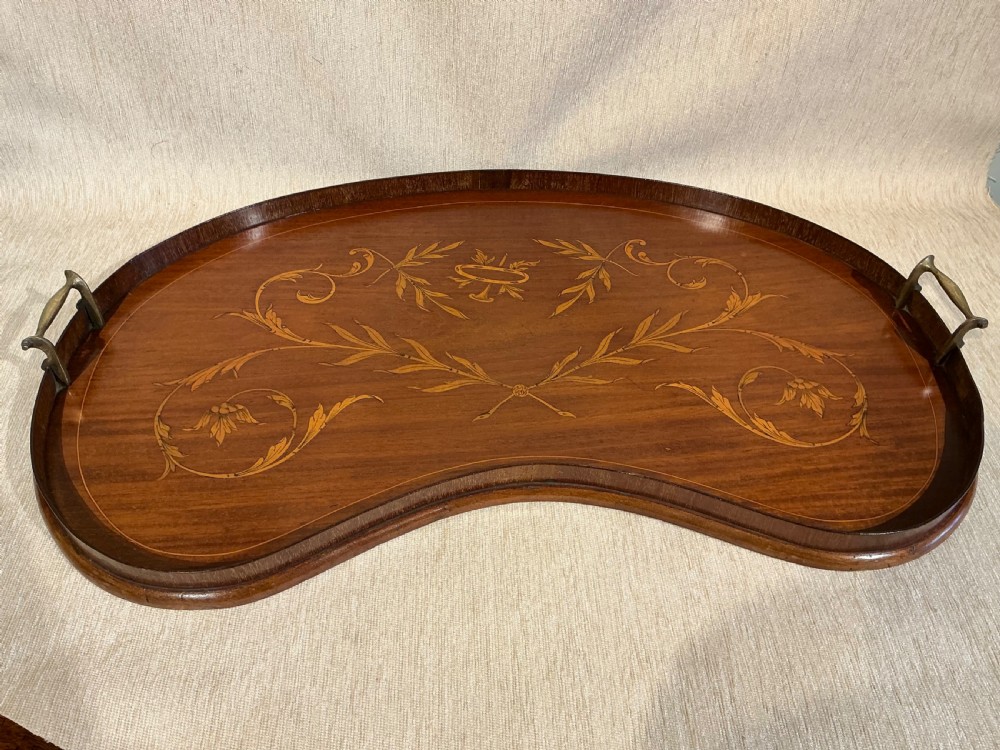 A kidney-shaped mahogany tray featuring inlaid satinwood leaf scrolls and a central urn motif, complete with twin brass handles and a raised gallery edge.