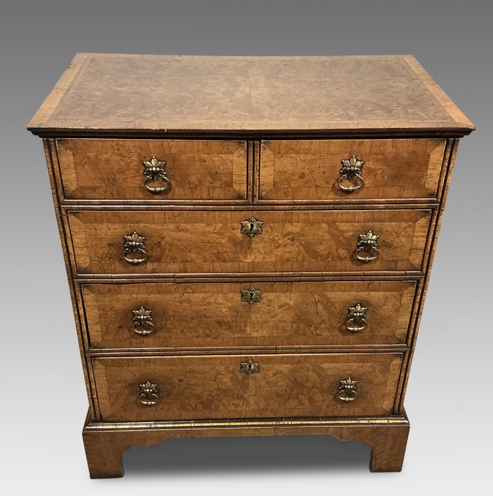 An antique burr walnut chest of drawers featuring two short over three long graduating drawers with brass handles and bracket feet.