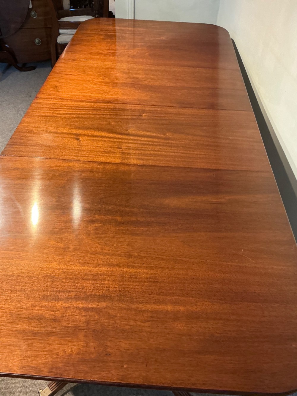 A mahogany twin pedestal dining table featuring rounded rectangular top corners, splayed tripod legs, and brass castors. View IV