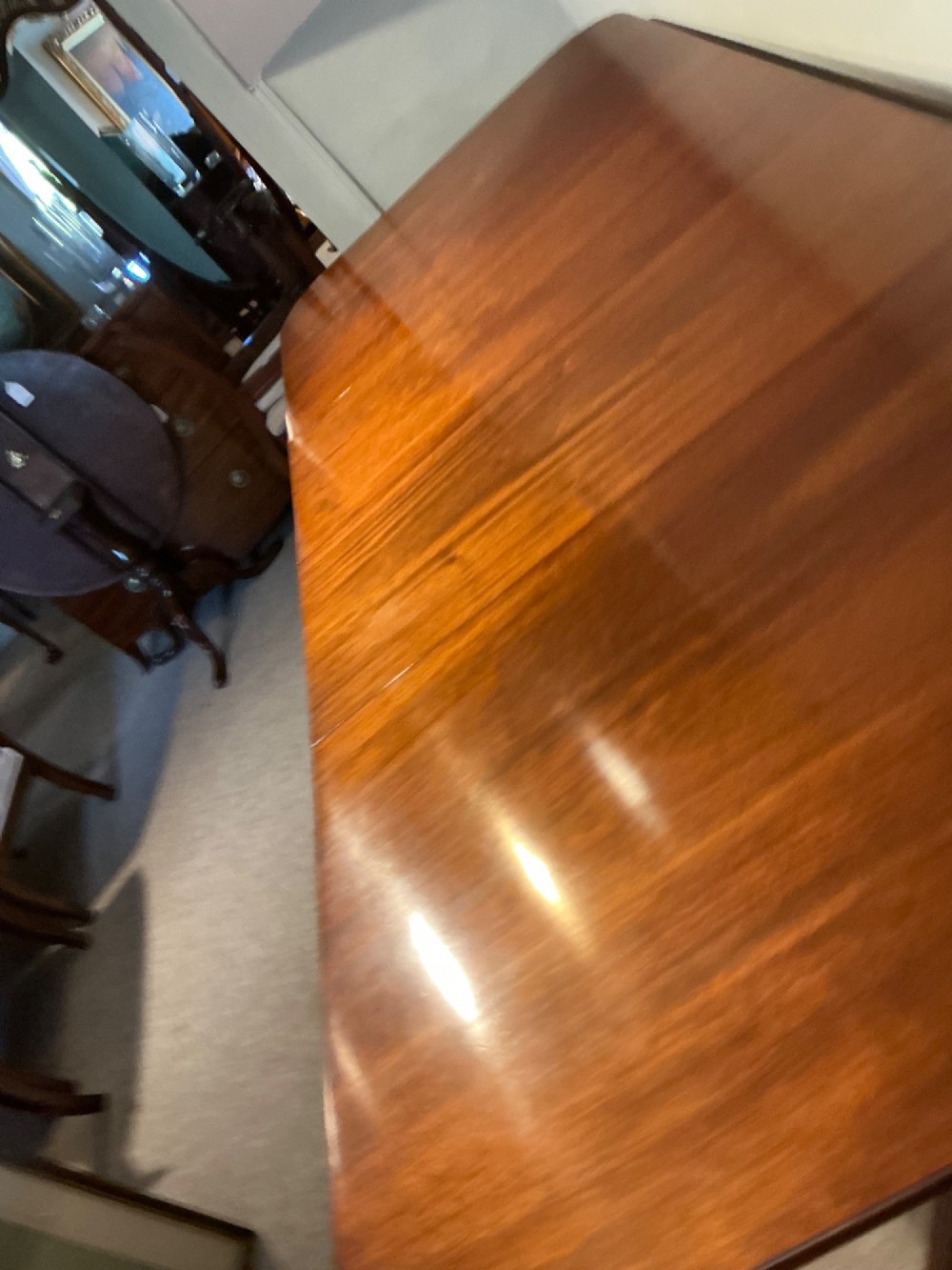 A mahogany twin pedestal dining table featuring rounded rectangular top corners, splayed tripod legs, and brass castors. View V