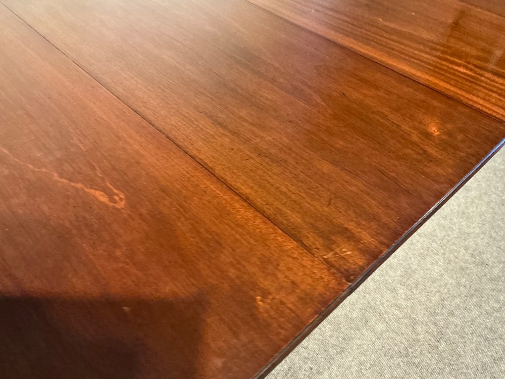 A mahogany twin pedestal dining table featuring rounded rectangular top corners, splayed tripod legs, and brass castors. View XI