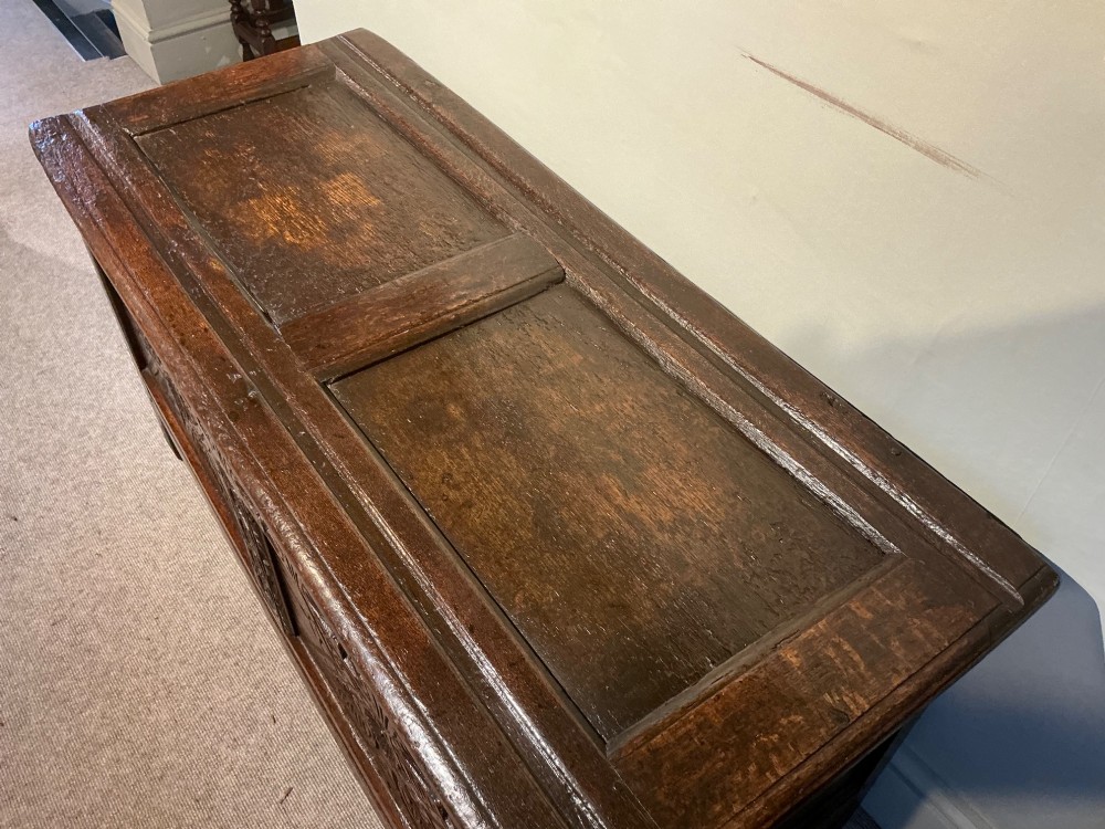 A dark oak coffer featuring hand-carved floral panels and a hinged two-panel top lid. View IV