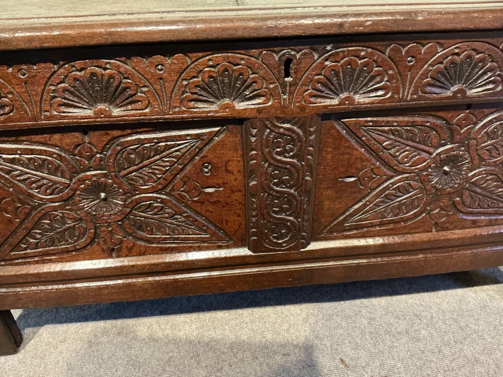 A dark oak coffer featuring hand-carved floral panels and a hinged two-panel top lid. View VI