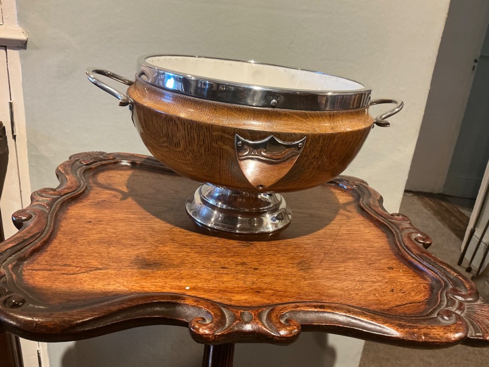 Edwardian oak and silver plate bowl