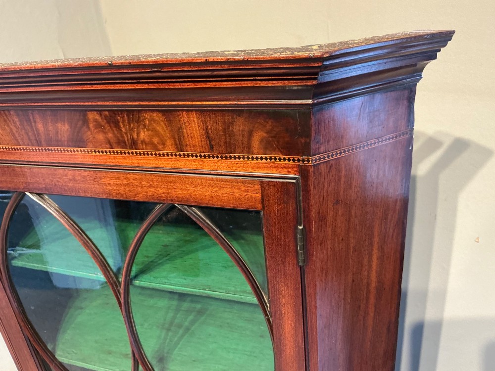 A Georgian mahogany wall-hanging corner cabinet featuring a moulded cornice and a single glass door with geometric oval astragal glazing bars. View IV