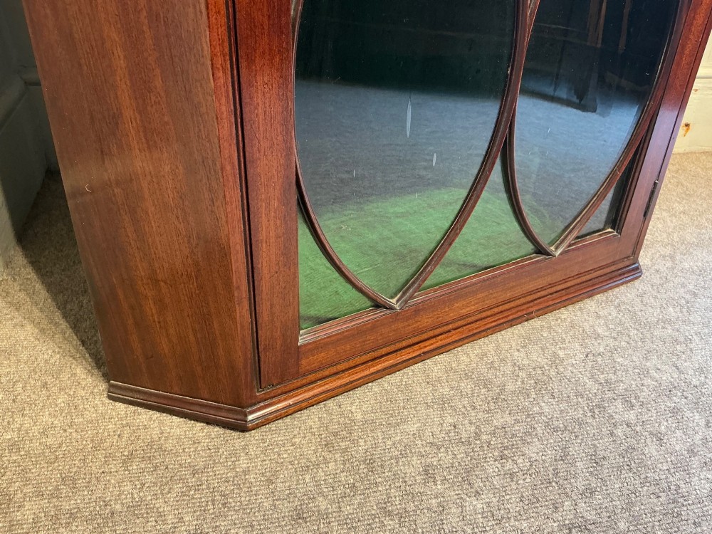 A Georgian mahogany wall-hanging corner cabinet featuring a moulded cornice and a single glass door with geometric oval astragal glazing bars. View VII