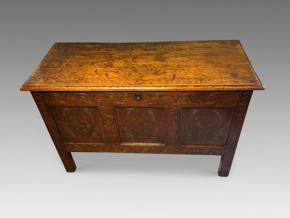 A carved oak coffer featuring three carved front panels with stylised leaf motifs, a carved top frieze, an iron keyhole, and sturdy stile legs. View II