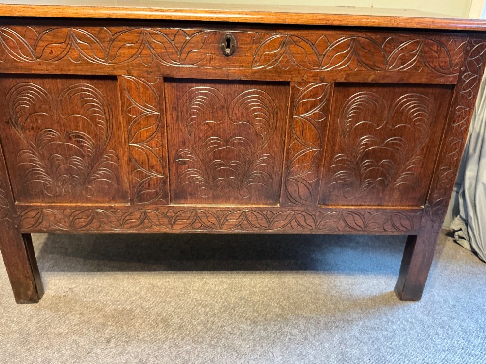 A carved oak coffer featuring three carved front panels with stylised leaf motifs, a carved top frieze, an iron keyhole, and sturdy stile legs. View IV