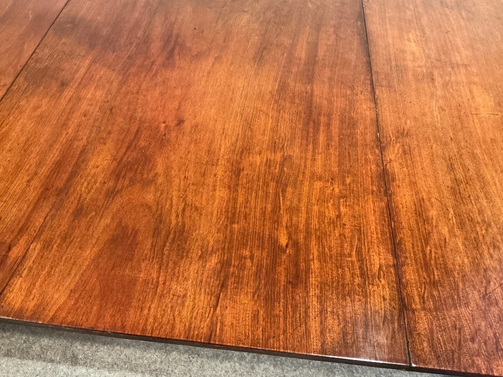 An antique mahogany twin pedestal dining table with rounded corners, extending leaves, turned supports, and splayed legs with brass castors. View XI