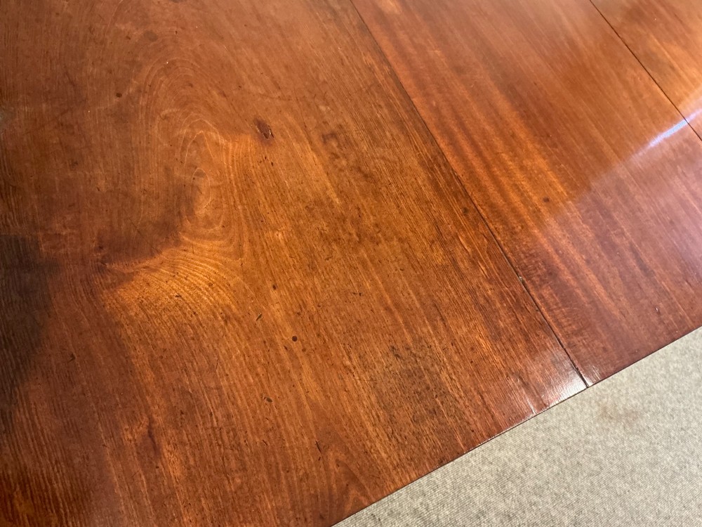 An antique mahogany twin pedestal dining table with rounded corners, extending leaves, turned supports, and splayed legs with brass castors. View XIII