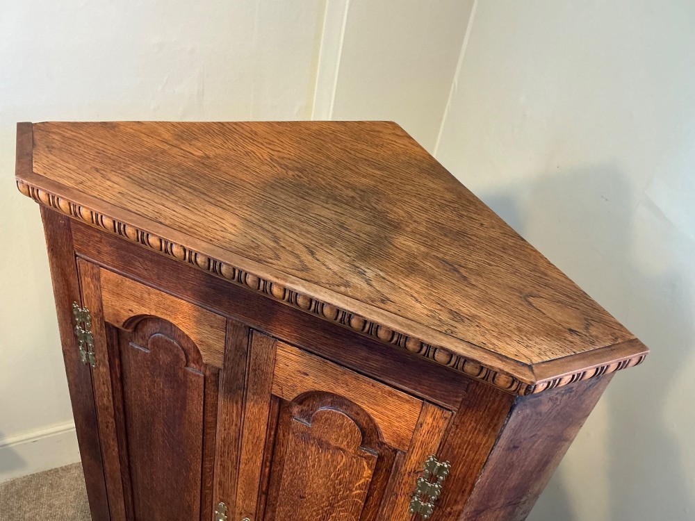 A floor-standing antique oak corner cabinet featuring two arched panelled doors, brass hardware, and carved moulding along the top edge. View VI