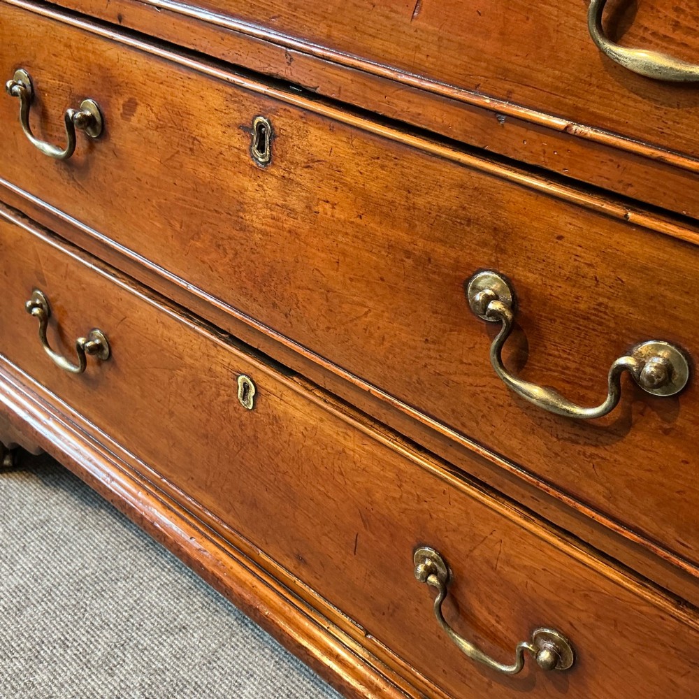 A Georgian cedar wood chest of drawers featuring multiple drawer compartments, brass swan-neck handles, and bracket feet. View V