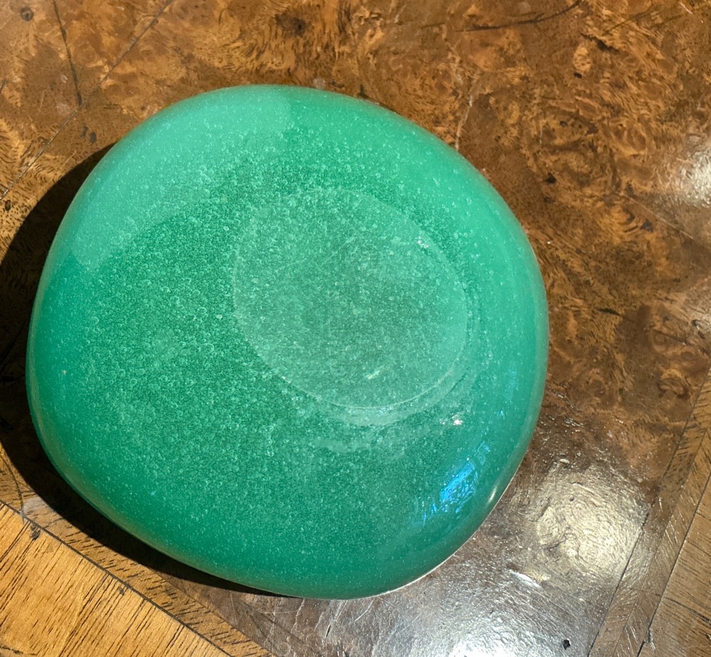 A rounded square green Murano glass dish with thick walls and visible internal micro-bubbles. View IV