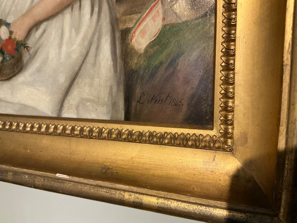 An early 19th-century oil painting depicting a boy in black clothing and a girl in a white dress seated outdoors, set within a gilded moulded frame. View III