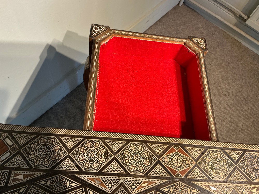An antique Syrian Damascus games table featuring intricate geometric mother-of-pearl and wood inlay with cabriole legs and a matching lower shelf. View VIII