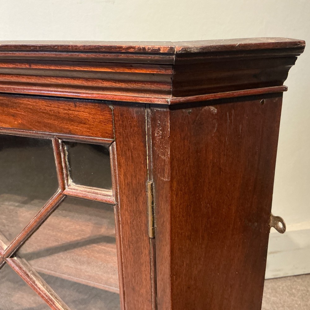 An antique Georgian dark mahogany hanging corner cabinet featuring a single door with geometric astragal glazing and internal wooden shelves. View II