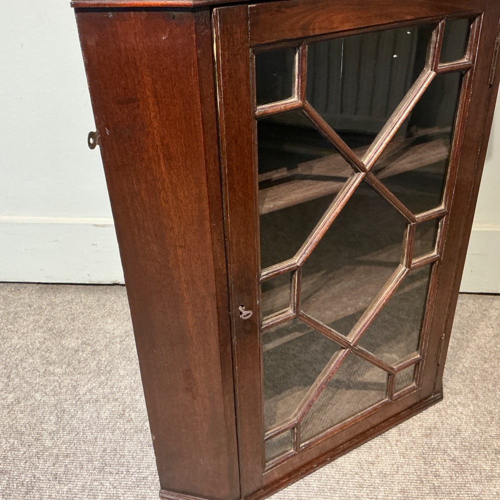 An antique Georgian dark mahogany hanging corner cabinet featuring a single door with geometric astragal glazing and internal wooden shelves. View IV