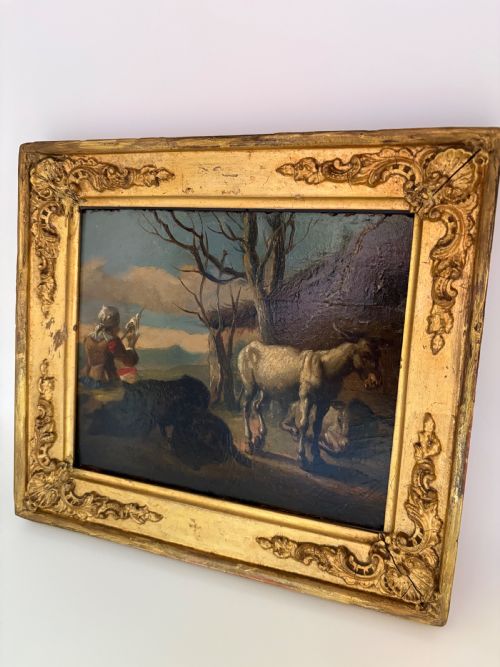17TH18TH CENTURY OIL ON OAK PANEL FOLLOWER OF ROSA DI TIVOLI PHILIPP PETER ROOS SHEPHERD ANIMALS LANDSCAPE ANTIQUE GILT FRAME - ADDITIONAL PHOTO 1