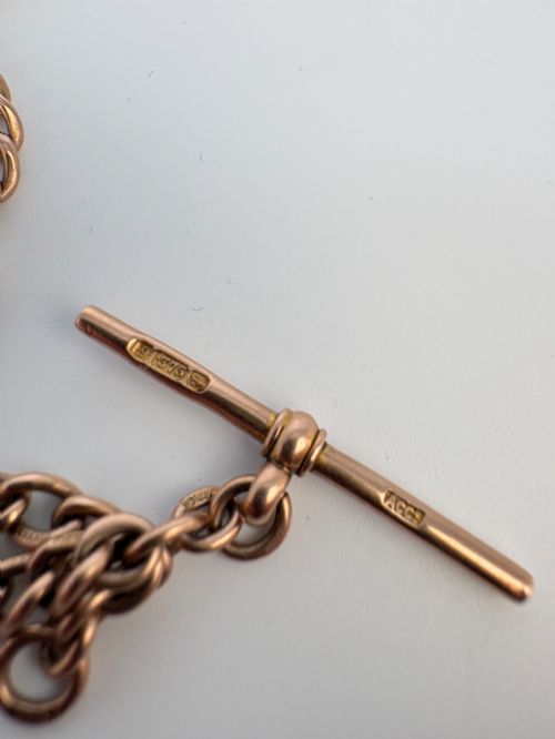 ANTIQUE 9CT ROSE GOLD ALBERT CHAIN FULLY HALLMARKED TBAR DOG CLIP - ADDITIONAL PHOTO 2