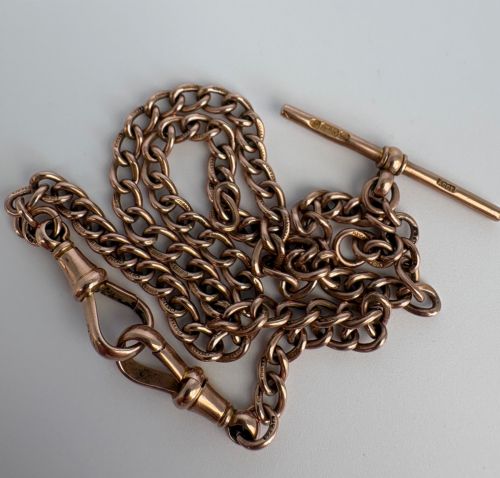 ANTIQUE 9CT ROSE GOLD ALBERT CHAIN FULLY HALLMARKED TBAR DOG CLIP - ADDITIONAL PHOTO 3