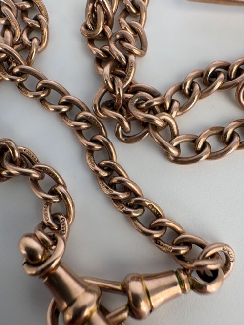 ANTIQUE 9CT ROSE GOLD ALBERT CHAIN FULLY HALLMARKED TBAR DOG CLIP - ADDITIONAL PHOTO 4