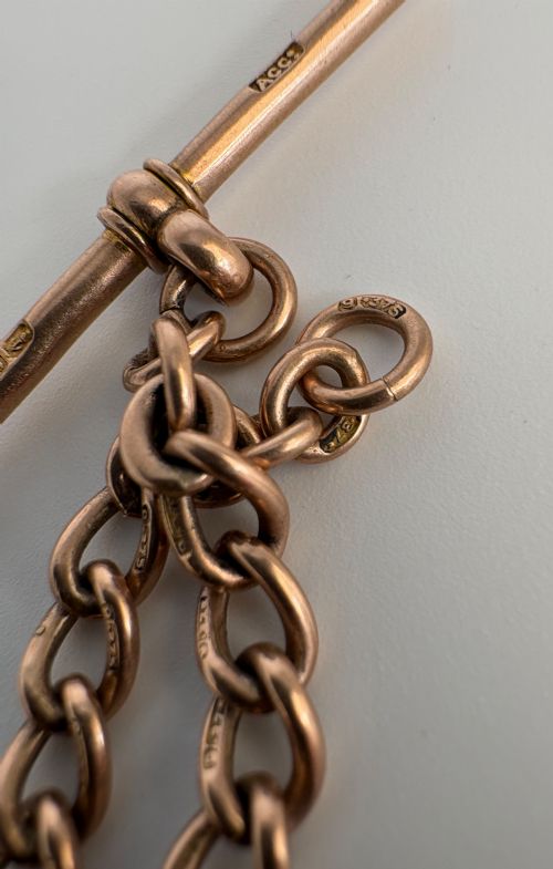 ANTIQUE 9CT ROSE GOLD ALBERT CHAIN FULLY HALLMARKED TBAR DOG CLIP - ADDITIONAL PHOTO 7