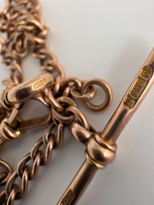 ANTIQUE 9CT ROSE GOLD ALBERT CHAIN FULLY HALLMARKED TBAR DOG CLIP - ADDITIONAL PHOTO 9