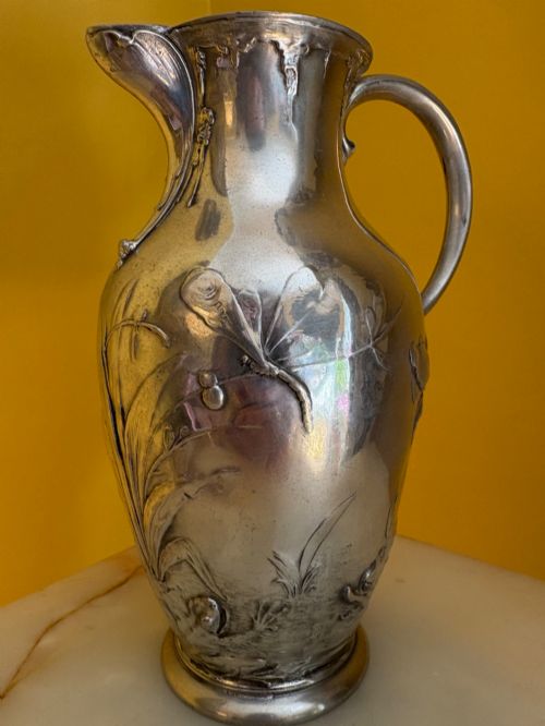 ANTIQUE WMFB SILVER PLATED ART NOUVEAU JUG EWER FROG DRAGONFLY REED DESIGN