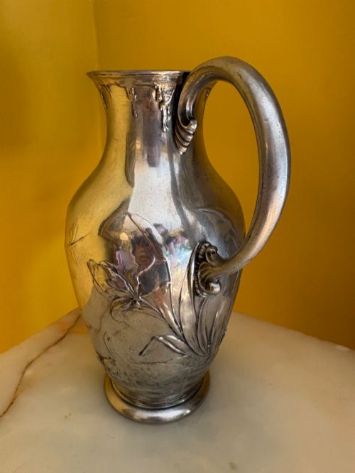 ANTIQUE WMFB SILVER PLATED ART NOUVEAU JUG EWER FROG DRAGONFLY REED DESIGN - ADDITIONAL PHOTO 1