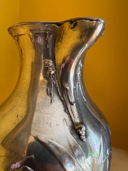 ANTIQUE WMFB SILVER PLATED ART NOUVEAU JUG EWER FROG DRAGONFLY REED DESIGN - ADDITIONAL PHOTO 2