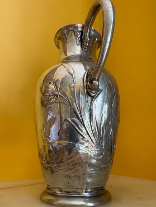 ANTIQUE WMFB SILVER PLATED ART NOUVEAU JUG EWER FROG DRAGONFLY REED DESIGN - ADDITIONAL PHOTO 5