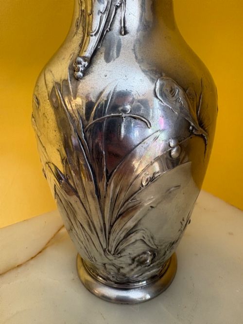 ANTIQUE WMFB SILVER PLATED ART NOUVEAU JUG EWER FROG DRAGONFLY REED DESIGN - ADDITIONAL PHOTO 6