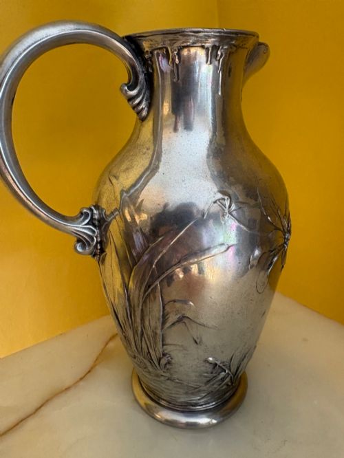 ANTIQUE WMFB SILVER PLATED ART NOUVEAU JUG EWER FROG DRAGONFLY REED DESIGN - ADDITIONAL PHOTO 7