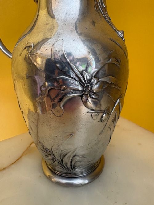ANTIQUE WMFB SILVER PLATED ART NOUVEAU JUG EWER FROG DRAGONFLY REED DESIGN - ADDITIONAL PHOTO 10