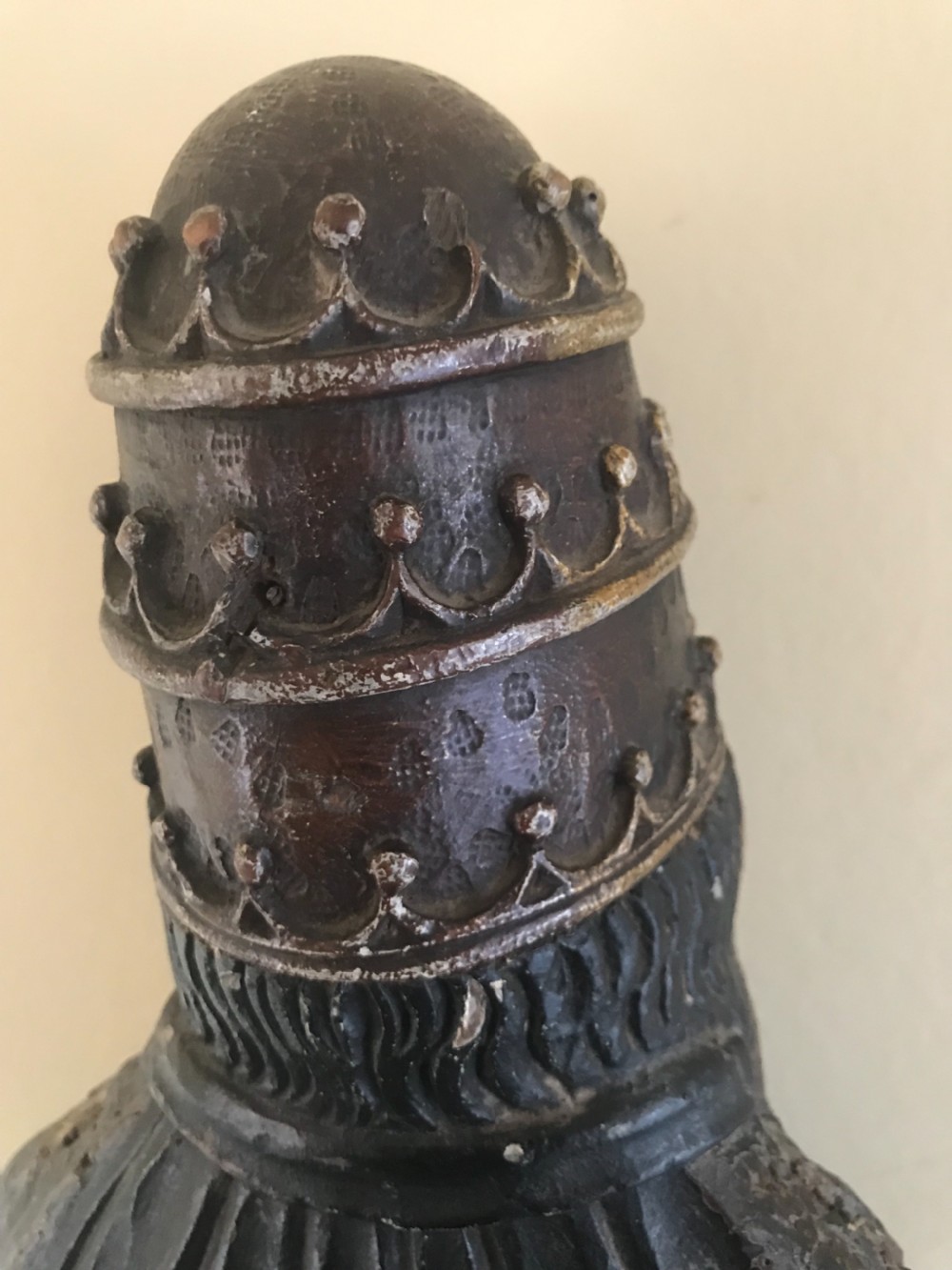A 15th-century hand-carved oak sculpture depicting a bearded figure wearing a papal tiara and holding a crucifix. View II