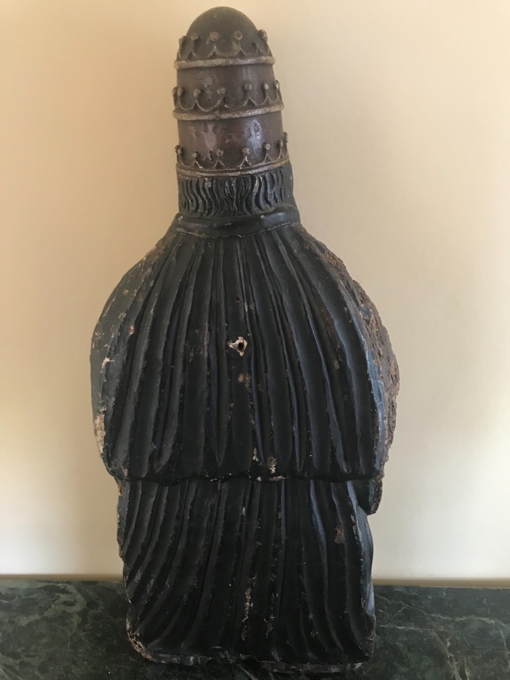 A 15th-century hand-carved oak sculpture depicting a bearded figure wearing a papal tiara and holding a crucifix. View IV