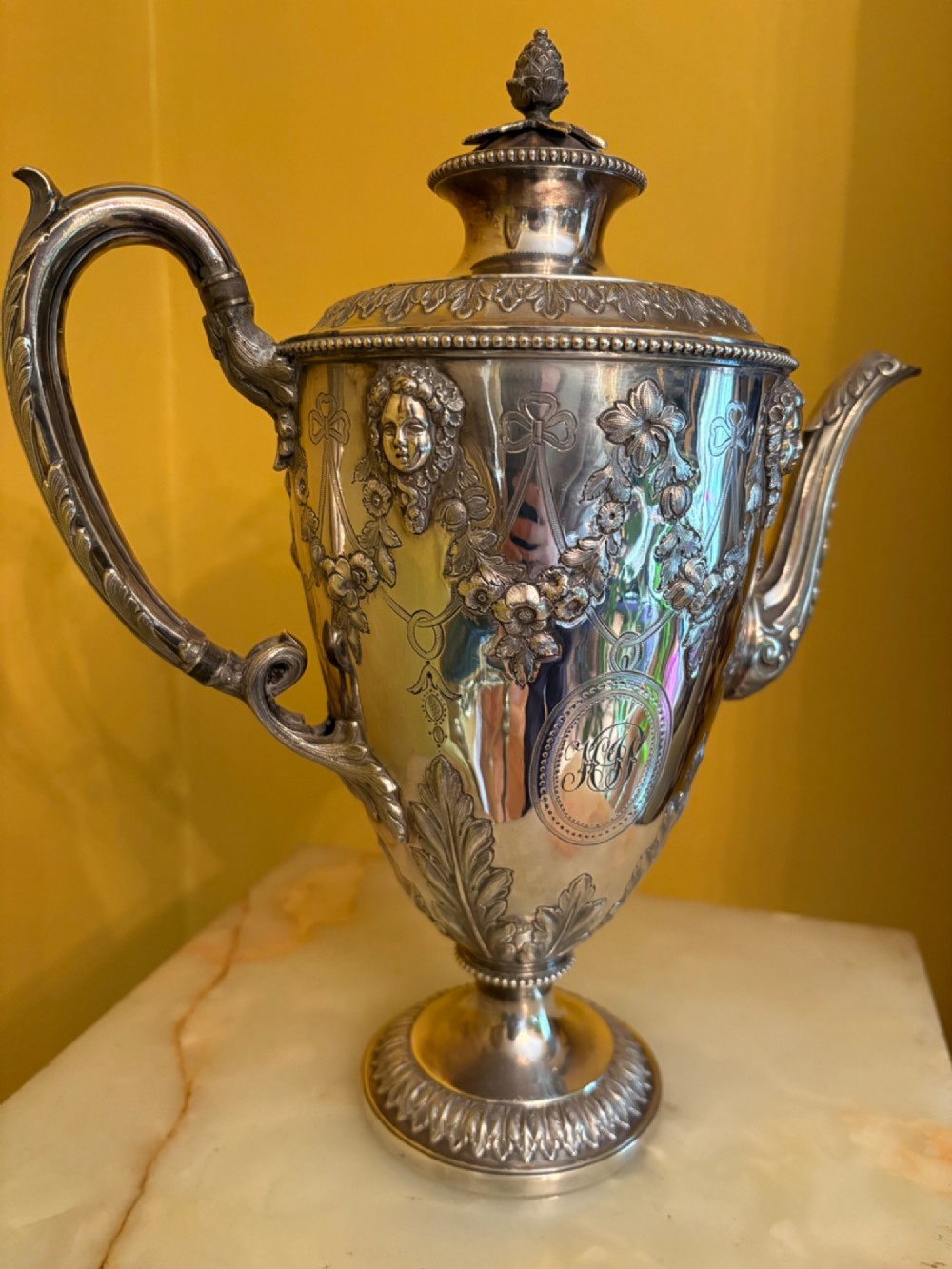 Antique Silver Plated Coffee Pot Ornate Repoussé Floral Decoration Monogrammed