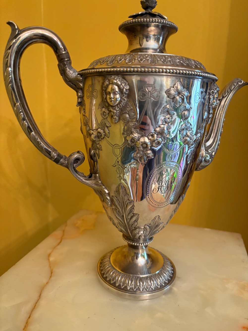 Antique Silver Plated Coffee Pot Ornate Repoussé Floral Decoration Monogrammed View II