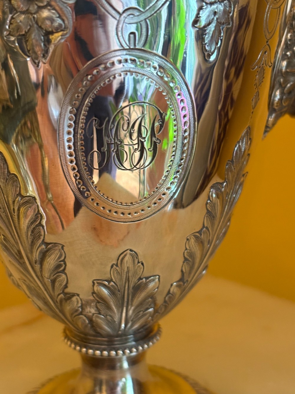Antique Silver Plated Coffee Pot Ornate Repoussé Floral Decoration Monogrammed View III